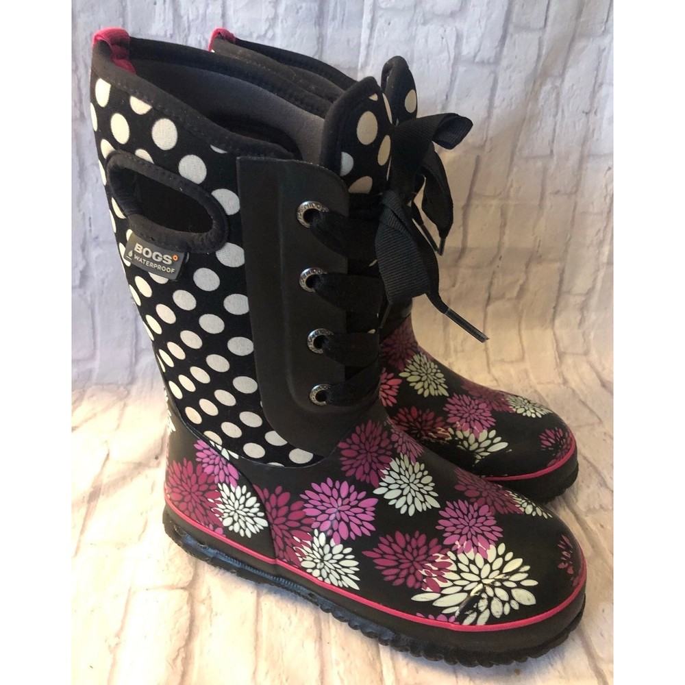 Bogs Casey Pompons Size 4 Black & Pink -30 winter snow boots